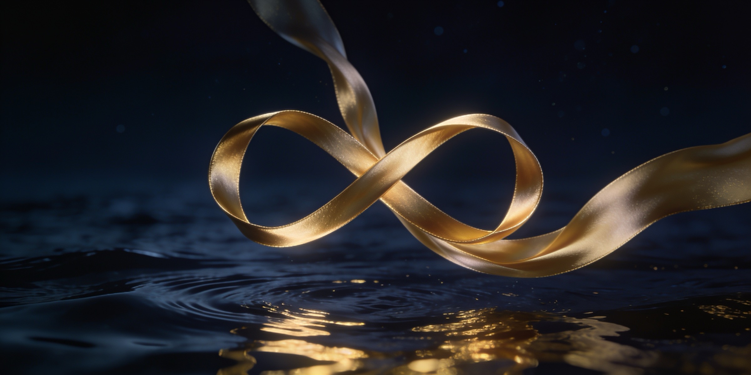 Gold silk infinity over dark water — the Ageless mark
