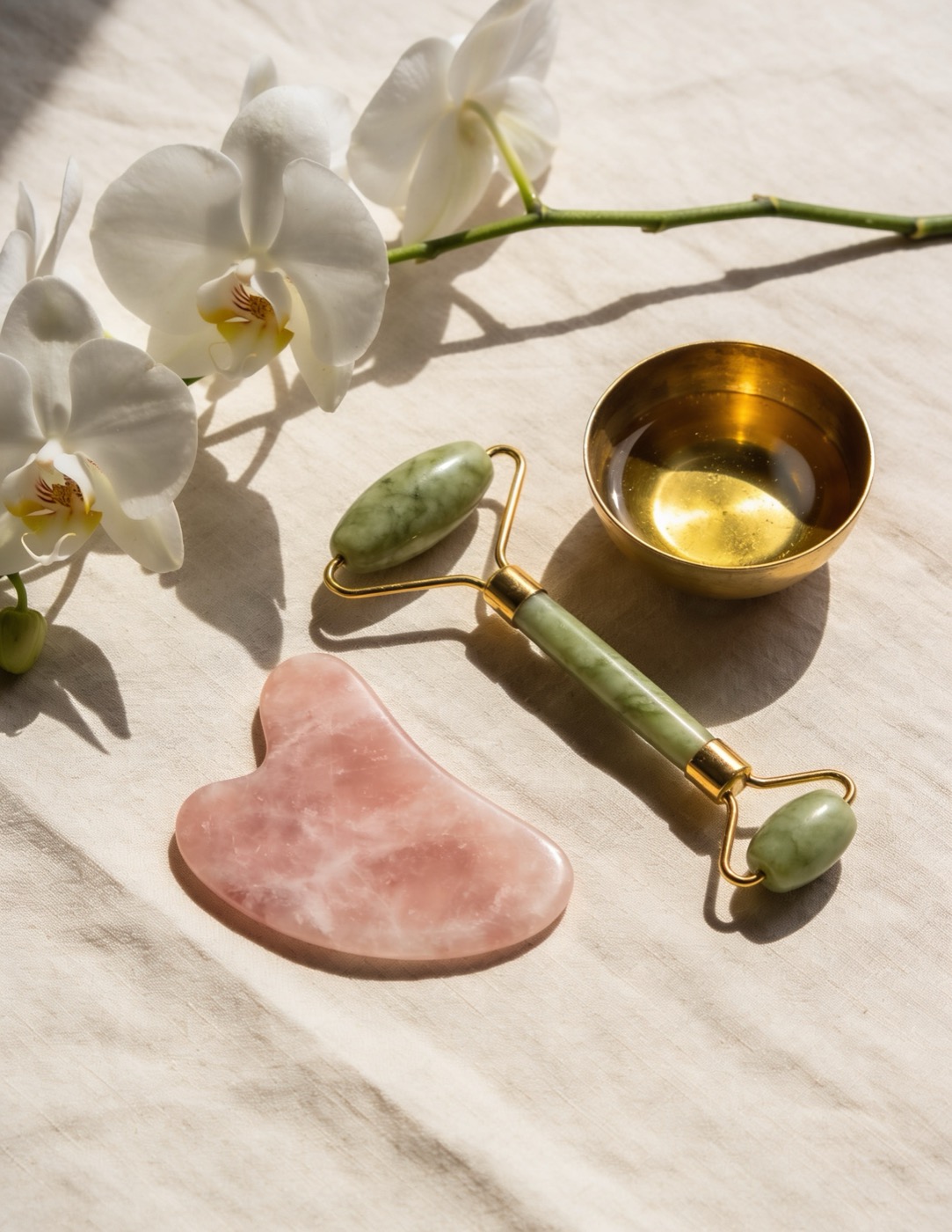 Curated practice tools — gua sha, jade roller, face oil